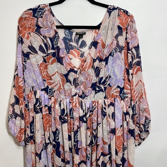 Torrid size 2 NAVY FLORAL SWISS DOT BUTTON DOWN TEA LENGTH DRESS - Picture 7 of 12